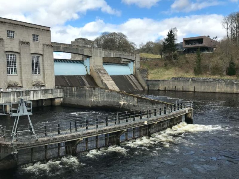 Looking towards the visitor centre from the Pitlochry hydro-electric dam